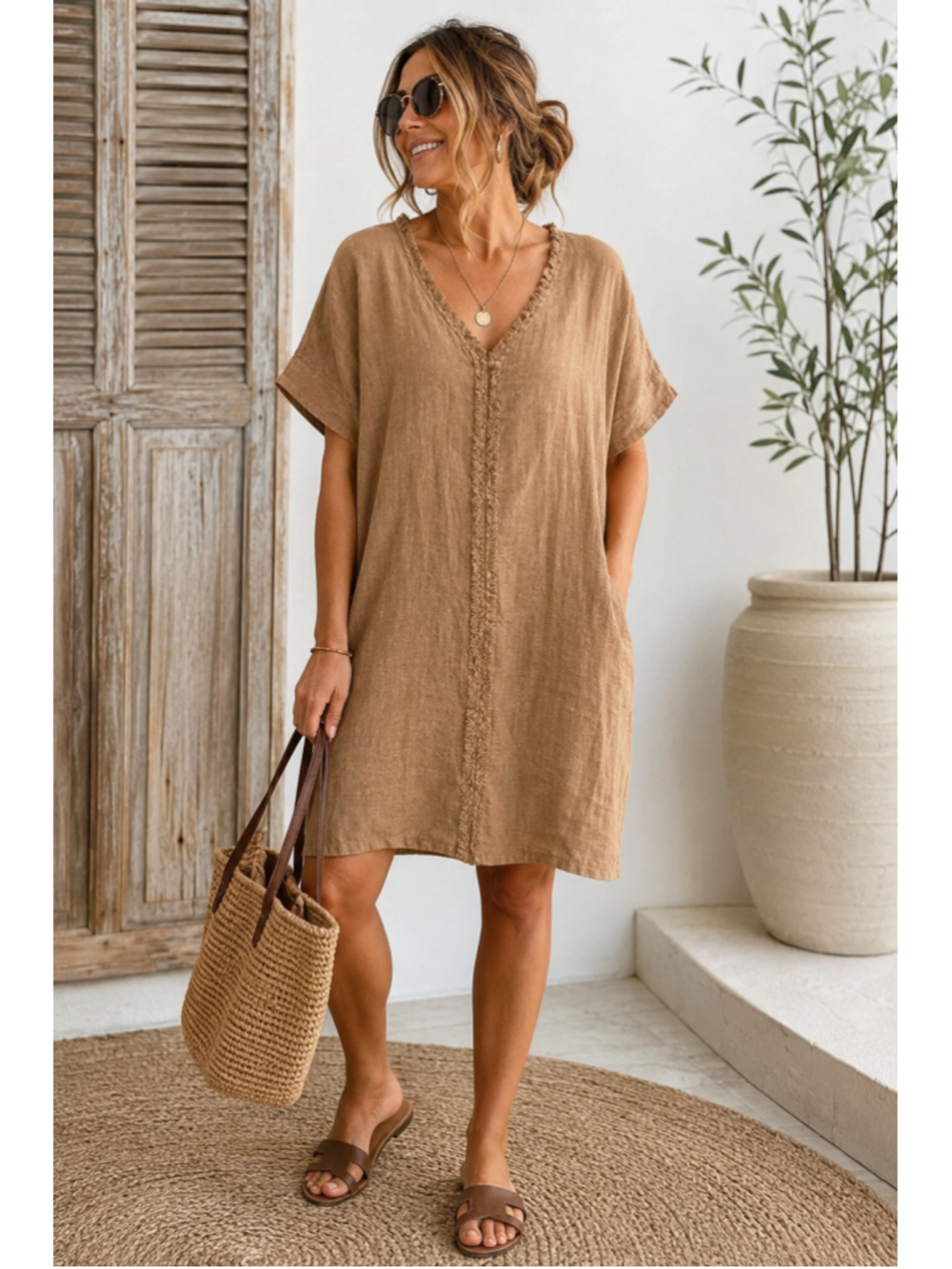 Pistache Italy 100% Linen Fringe Trim Tunic Dress Tan Boho M/L